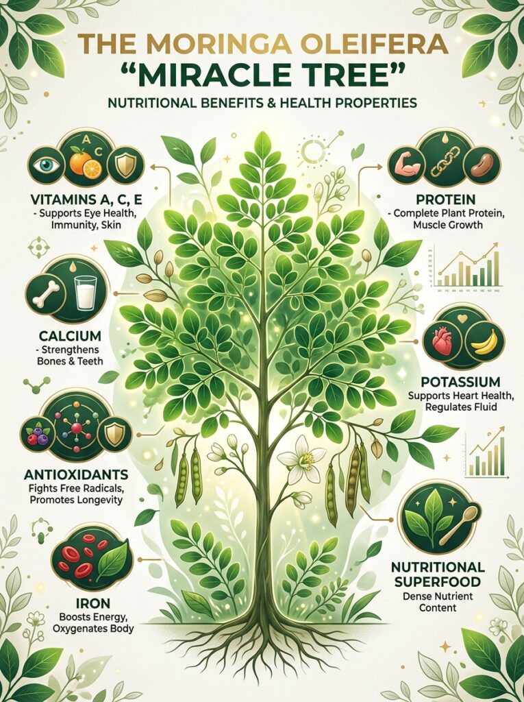 Moringa oleifera miracle tree benefits infographic showing vitamins minerals and antioxidants