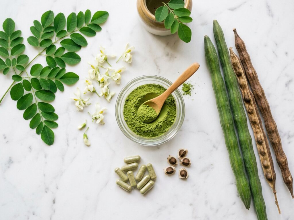Fresh moringa oleifera leaves, powder and capsules flat-lay on marble surface