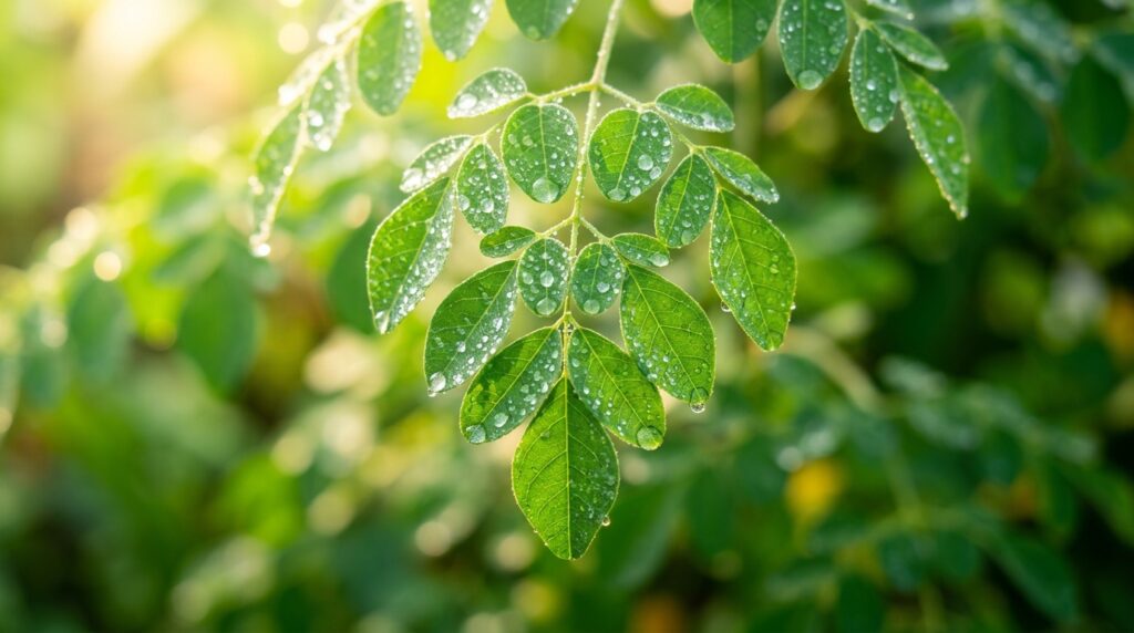 Fresh moringa oleifera leaves with morning dew in tropical sunlight