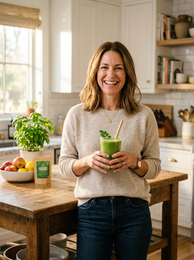 Happy healthy woman drinking moringa green smoothie in kitchen — full of energy